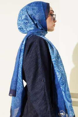 Paisley Çiçek Desen Şal Lacivert - Başörtüsü