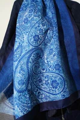 Paisley Çiçek Desen Şal Lacivert - Başörtüsü
