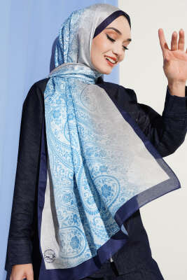 Paisley Çiçek Desen Şal Mavi 