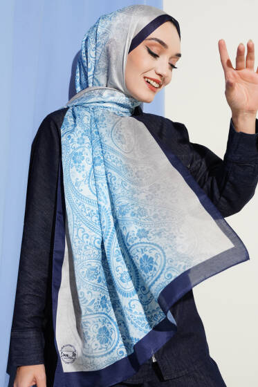 Paisley Çiçek Desen Şal Mavi - Başörtüsü