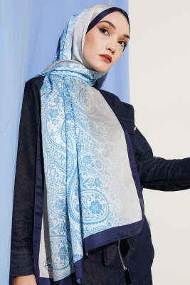 Paisley Çiçek Desen Şal Mavi - Başörtüsü