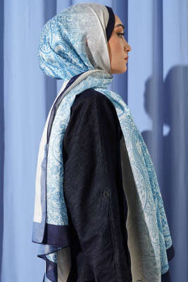 Paisley Çiçek Desen Şal Mavi - Başörtüsü