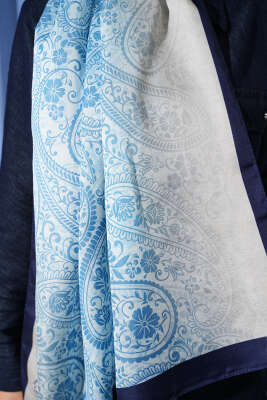 Paisley Çiçek Desen Şal Mavi - Başörtüsü