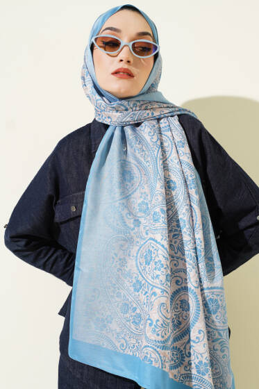 Paisley Çiçek Desen Şal Soft Mavi - Başörtüsü