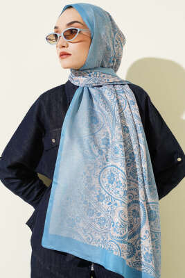 Paisley Çiçek Desen Şal Soft Mavi - Başörtüsü