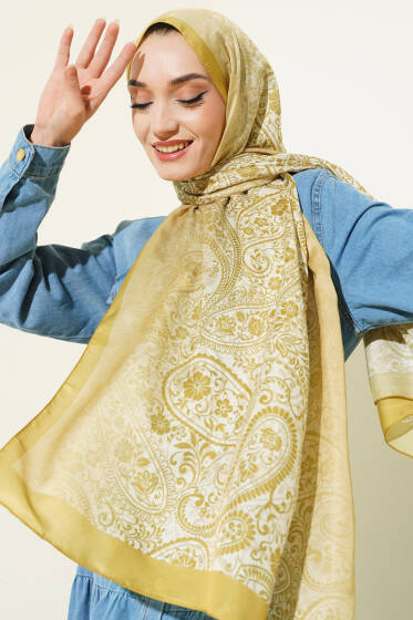 Paisley Çiçek Desen Şal Yağ Yeşili - Başörtüsü