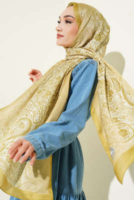 Paisley Çiçek Desen Şal Yağ Yeşili - Başörtüsü