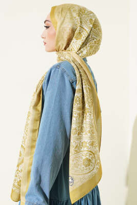 Paisley Çiçek Desen Şal Yağ Yeşili - Başörtüsü