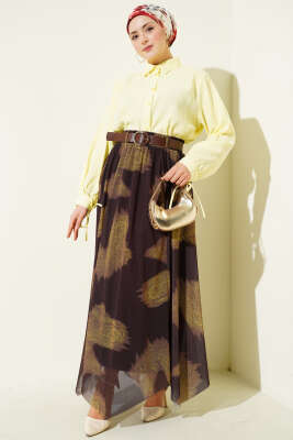 Paisley Desen Asimetrik Tül Etek Kahve - Etek