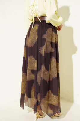 Paisley Desen Asimetrik Tül Etek Kahve - Etek