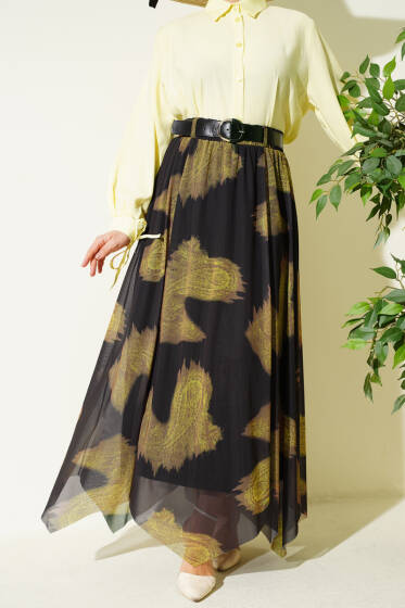 Paisley Desen Asimetrik Tül Etek Siyah - Etek