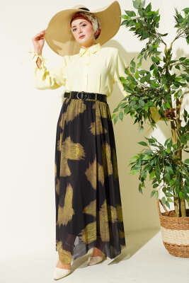 Paisley Desen Asimetrik Tül Etek Siyah - Etek