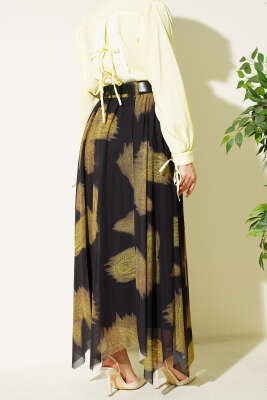 Paisley Desen Asimetrik Tül Etek Siyah - Etek