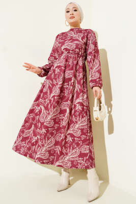 Paisley Desen Bel Lastikli Elbise Bordo - ELFİDA TEKSTİL