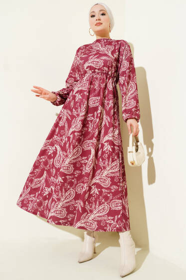 Paisley Desen Bel Lastikli Elbise Bordo - Elbise