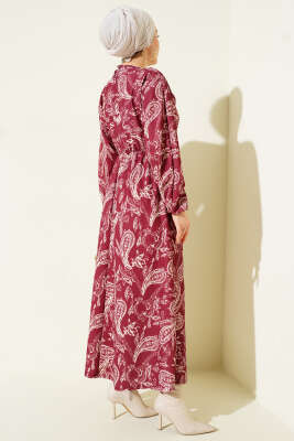 Paisley Desen Bel Lastikli Elbise Bordo - Elbise