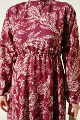 Paisley Desen Bel Lastikli Elbise Bordo - Elbise