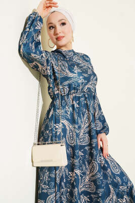 Paisley Desen Bel Lastikli Elbise İndigo - ELFİDA TEKSTİL