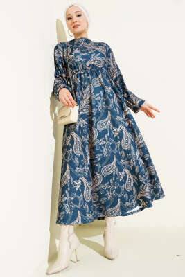 Paisley Desen Bel Lastikli Elbise İndigo - Elbise