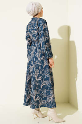 Paisley Desen Bel Lastikli Elbise İndigo - Elbise