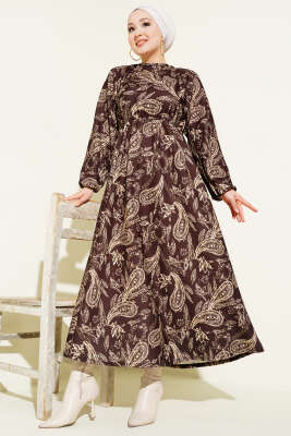 Paisley Desen Bel Lastikli Elbise Kahve - ELFİDA TEKSTİL