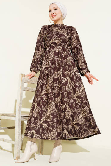 Paisley Desen Bel Lastikli Elbise Kahve - Elbise