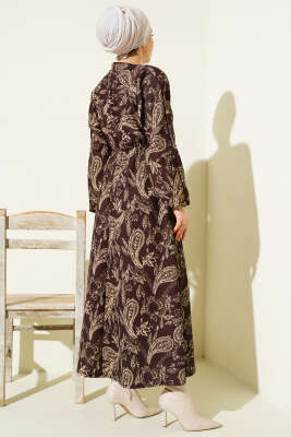 Paisley Desen Bel Lastikli Elbise Kahve - Elbise