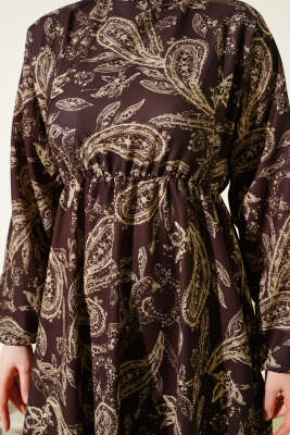 Paisley Desen Bel Lastikli Elbise Kahve - Elbise