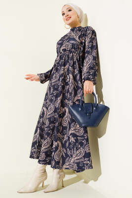 Paisley Desen Bel Lastikli Elbise Lacivert - ELFİDA TEKSTİL