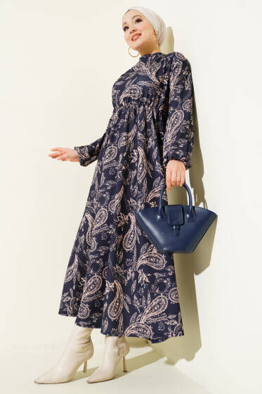 Paisley Desen Bel Lastikli Elbise Lacivert - Elbise