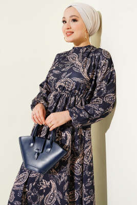 Paisley Desen Bel Lastikli Elbise Lacivert - Elbise