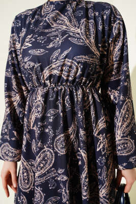 Paisley Desen Bel Lastikli Elbise Lacivert - Elbise