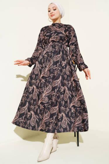Paisley Desen Bel Lastikli Elbise Siyah - Elbise