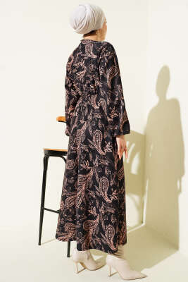 Paisley Desen Bel Lastikli Elbise Siyah - Elbise