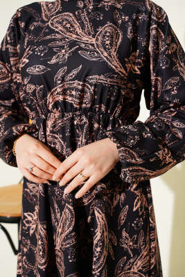 Paisley Desen Bel Lastikli Elbise Siyah - Elbise