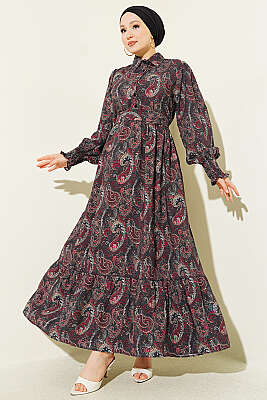 Paisley Desen Bilek Gipeli Elbise Siyah - BIGDART