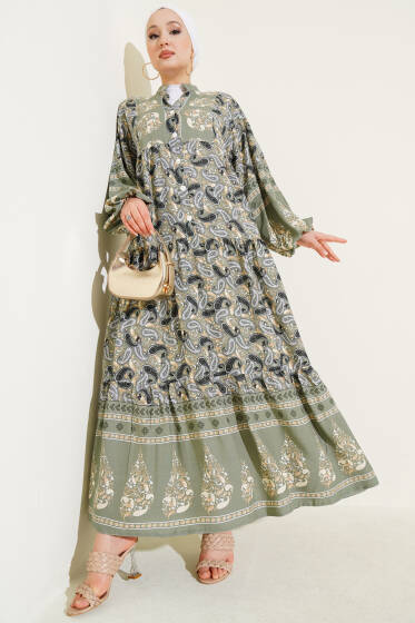 Paisley Desen Düğmeli Elbise Çağla Yeşili - Elbise