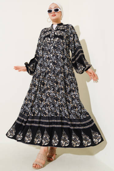 Paisley Desen Düğmeli Elbise Siyah - Elbise