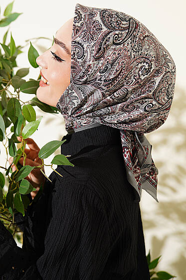 Paisley Desen Elegance Eşarp Gri - Başörtüsü