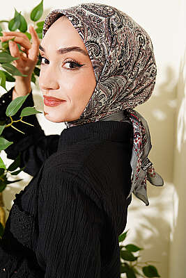 Paisley Desen Elegance Eşarp Gri - Başörtüsü