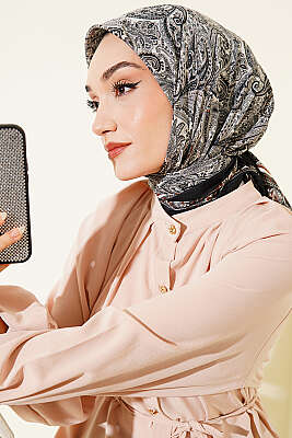 Paisley Desen Elegance Eşarp Siyah Ekru - Başörtüsü
