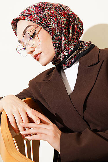 Paisley Desen Elegance Eşarp Siyah Kırmızı - Başörtüsü