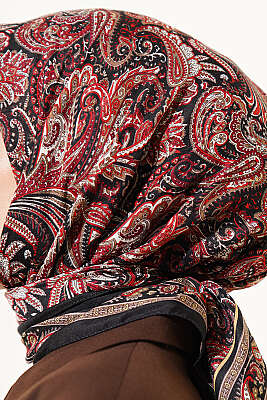 Paisley Desen Elegance Eşarp Siyah Kırmızı - Başörtüsü
