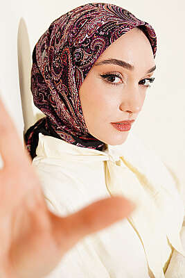 Paisley Desen Elegance Eşarp Siyah Mor - Başörtüsü