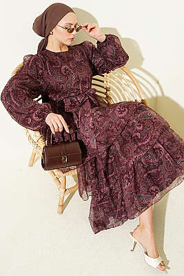 Paisley Desen Kat Kat Şifon Elbise Kahve - HATUN