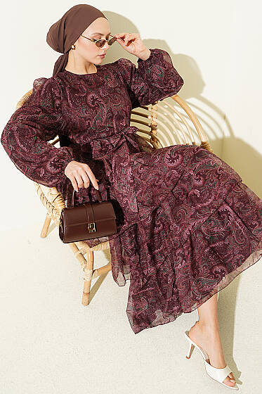 Paisley Desen Kat Kat Şifon Elbise Kahve - Elbise