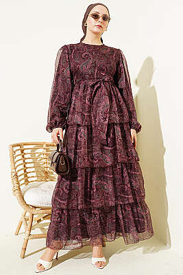 Paisley Desen Kat Kat Şifon Elbise Kahve - Elbise