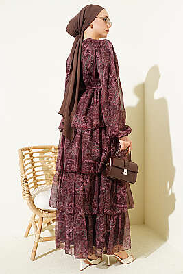 Paisley Desen Kat Kat Şifon Elbise Kahve - Elbise