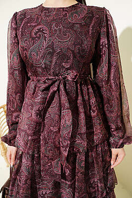 Paisley Desen Kat Kat Şifon Elbise Kahve - Elbise