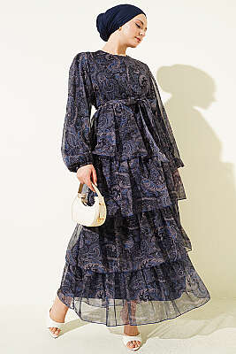 Paisley Desen Kat Kat Şifon Elbise Lacivert - HATUN